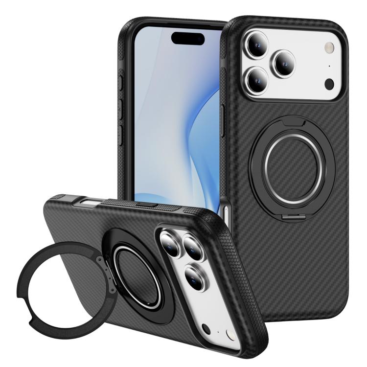 For iPhone 17 Pro Carbon Fiber Gear Holder C Type MagSafe Phone Case(Black)