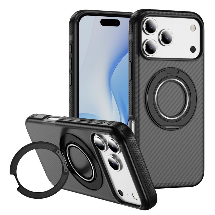 For iPhone 17 Pro Carbon Fiber Gear Holder C Type MagSafe Phone Case(Bright Grey + Black)