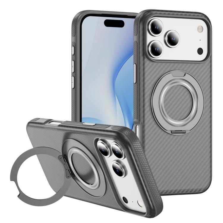 For iPhone 17 Pro Carbon Fiber Gear Holder C Type MagSafe Phone Case(Bright Grey+Grey)