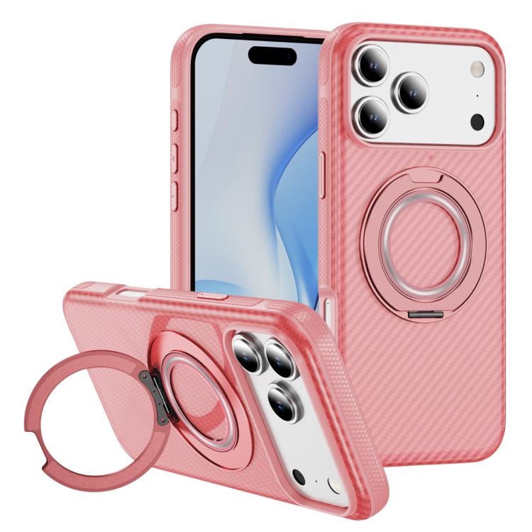 For iPhone 17 Pro Carbon Fiber Gear Holder C Type MagSafe Phone Case(Bright Pink + Pink)