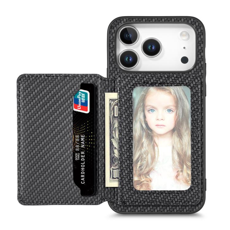 For iPhone 17 Pro Carbon Fiber Magnetic Card Wallet RFID Blocking Phone Case(Black)