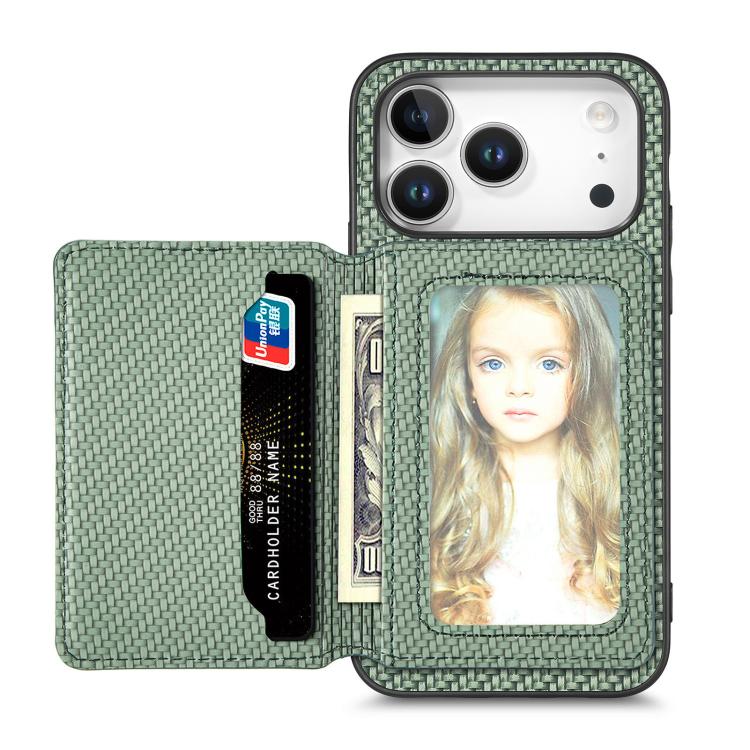 For iPhone 17 Pro Carbon Fiber Magnetic Card Wallet RFID Blocking Phone Case(Green)