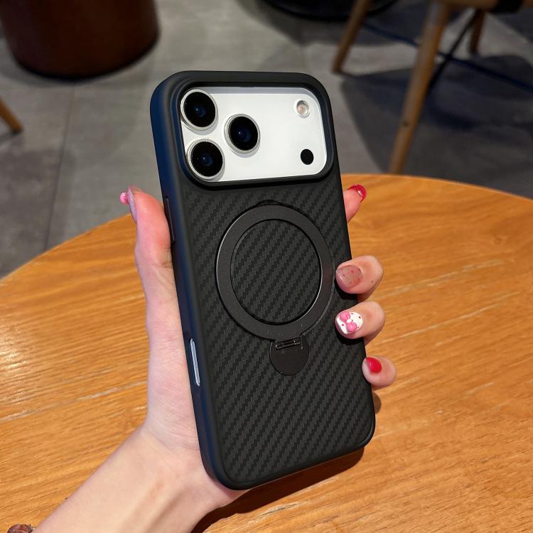 For iPhone 17 Pro Carbon Fiber MagSafe 360 Degree Rotating Holder Phone Case(Black)