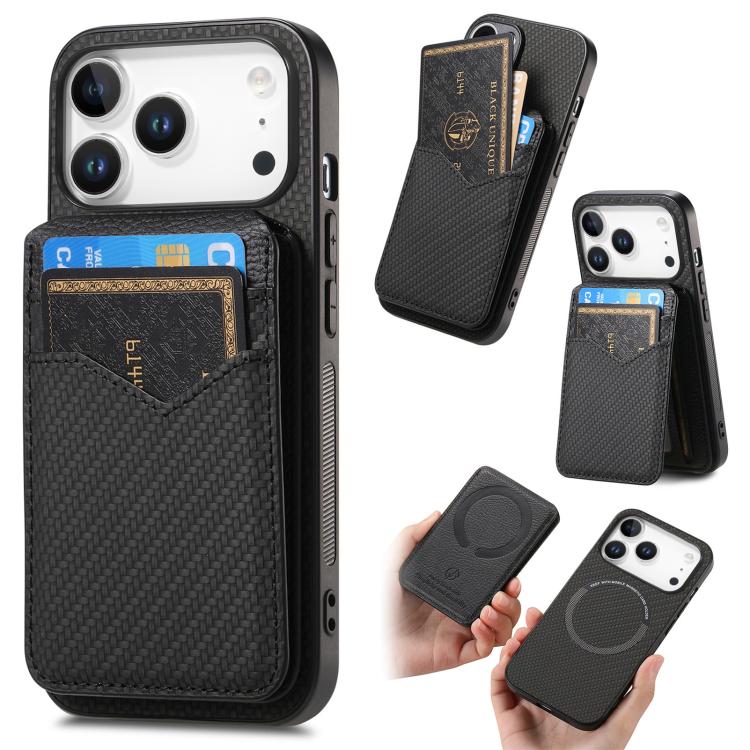 For iPhone 17 Pro Carbon Fiber MagSafe Vertical Flip Card Bag Phone Case(Black)