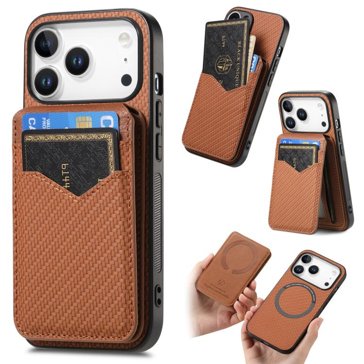 For iPhone 17 Pro Carbon Fiber MagSafe Vertical Flip Card Bag Phone Case(Brown)