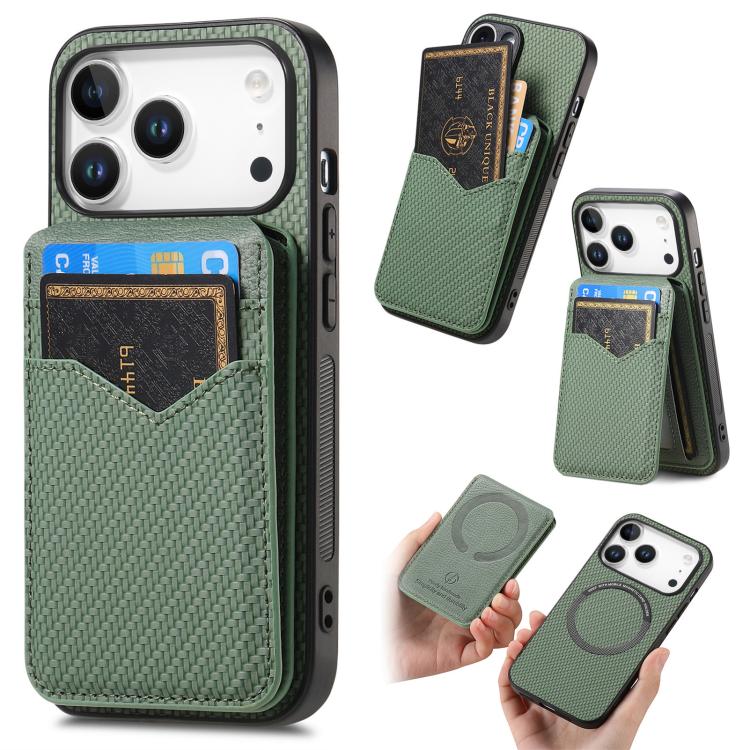For iPhone 17 Pro Carbon Fiber MagSafe Vertical Flip Card Bag Phone Case(Green)