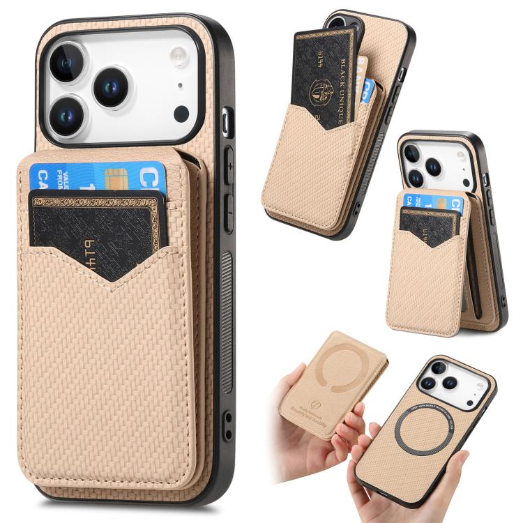 For iPhone 17 Pro Carbon Fiber MagSafe Vertical Flip Card Bag Phone Case(Khaki)