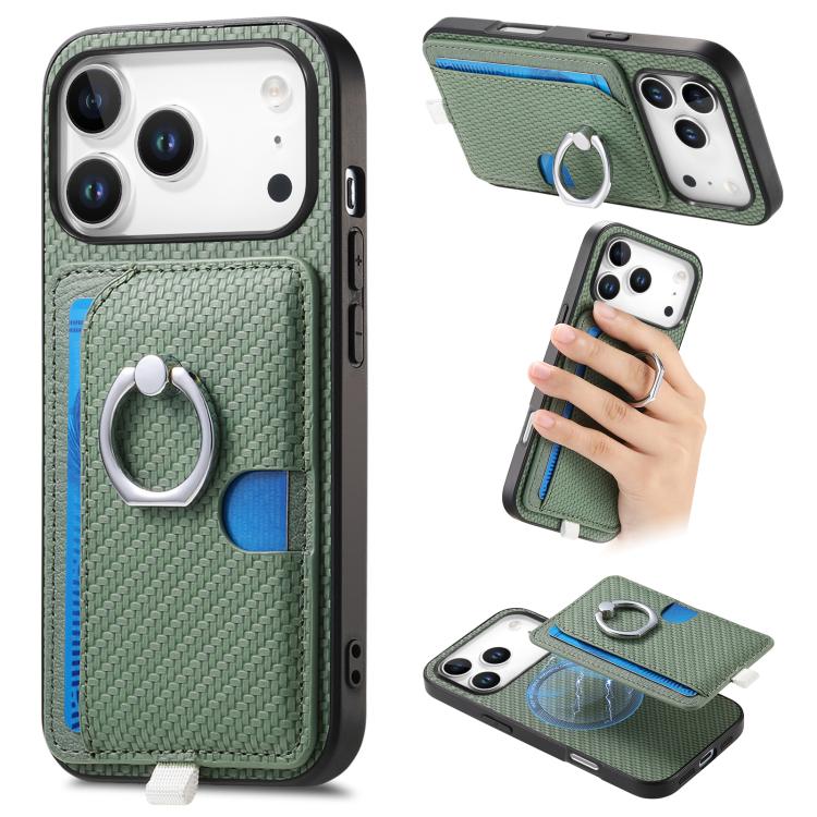 For iPhone 17 Pro Carbon Fiber Ring Side Insert Card Bag MagSafe Phone Case(Green)