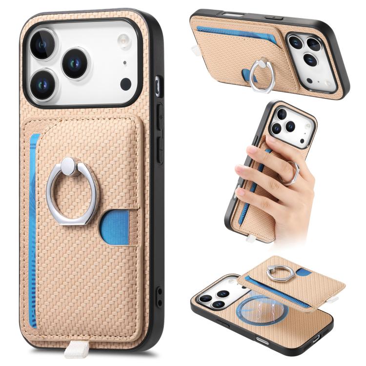For iPhone 17 Pro Carbon Fiber Ring Side Insert Card Bag MagSafe Phone Case(Khaki)
