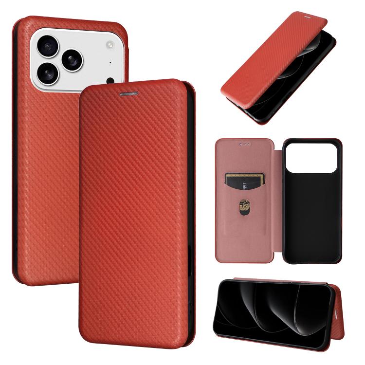 For iPhone 17 Pro Carbon Fiber Texture Flip Leather Phone Case(Brown)