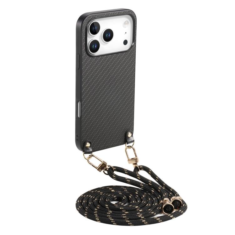 For iPhone 17 Pro Carbon Fiber Texture Leather Back Phone Case with Crossbody Strap(Black)