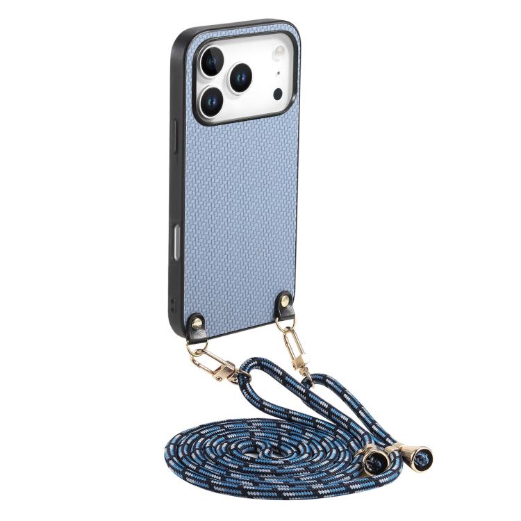 For iPhone 17 Pro Carbon Fiber Texture Leather Back Phone Case with Crossbody Strap(Blue)