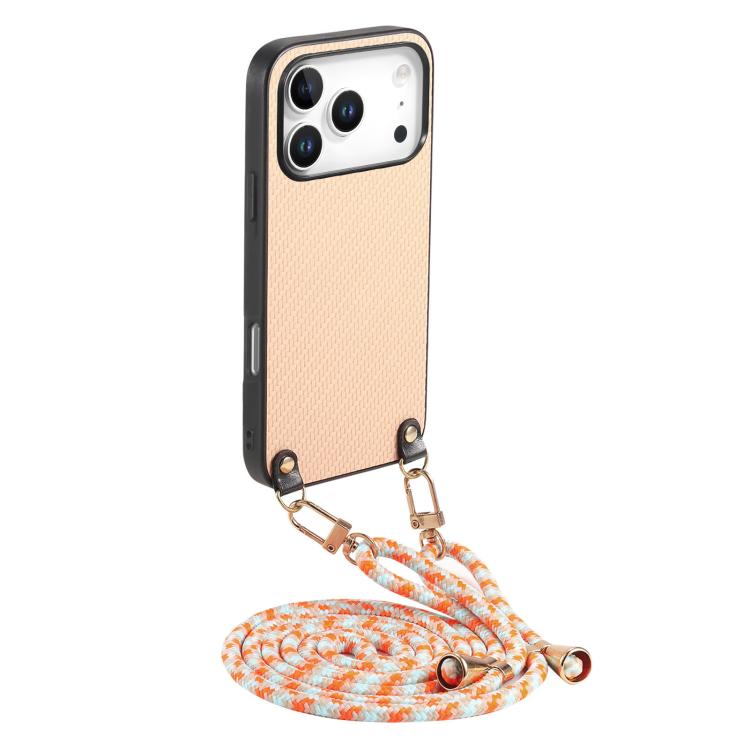 For iPhone 17 Pro Carbon Fiber Texture Leather Back Phone Case with Crossbody Strap(Khaki)