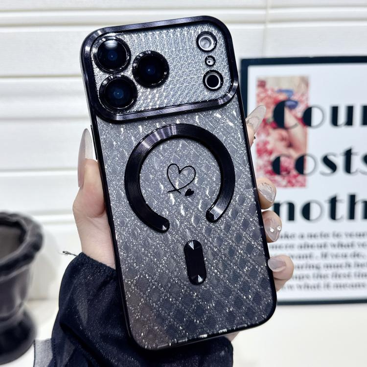 For iPhone 17 Pro Carbon Fiber Texture Loves Leaves Gradient MagSafe TPU Phone Case(Black)