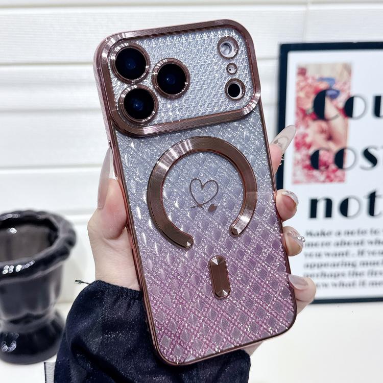 For iPhone 17 Pro Carbon Fiber Texture Loves Leaves Gradient MagSafe TPU Phone Case(Pink)