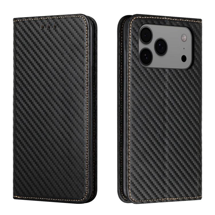 For iPhone 17 Pro Carbon Fiber Texture Magnetic Flip Leather Phone Case(Black)