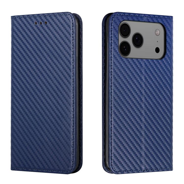 For iPhone 17 Pro Carbon Fiber Texture Magnetic Flip Leather Phone Case(Blue)