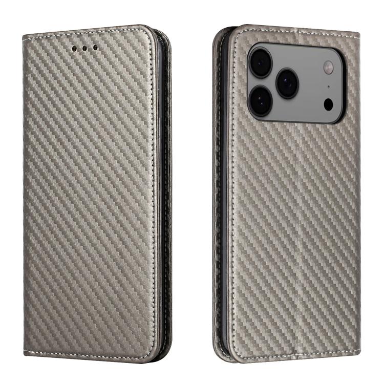 For iPhone 17 Pro Carbon Fiber Texture Magnetic Flip Leather Phone Case(Grey)