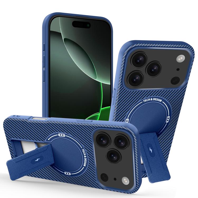 For iPhone 17 Pro Carbon Fiber Texture MagSafe Phone Case with Holder(Blue)
