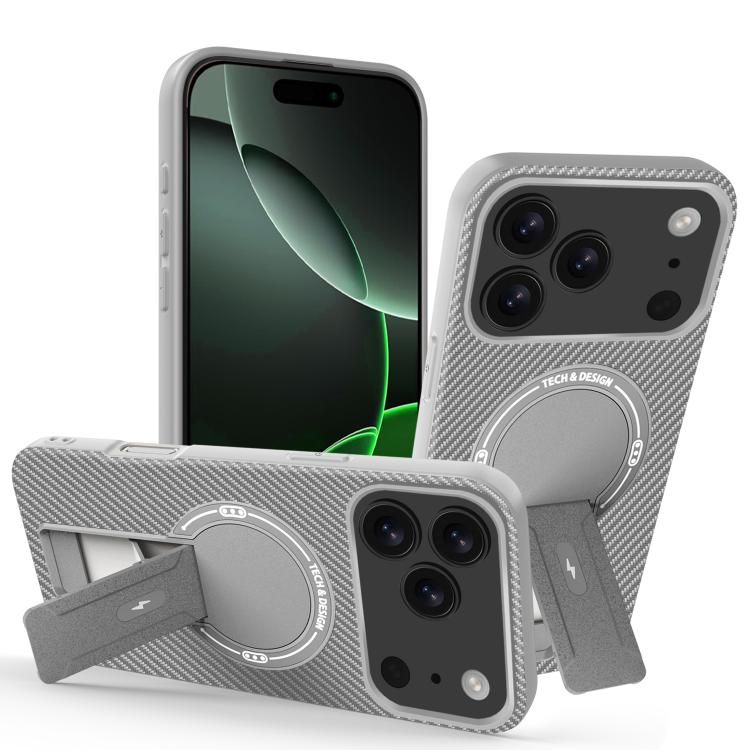 For iPhone 17 Pro Carbon Fiber Texture MagSafe Phone Case with Holder(Grey)