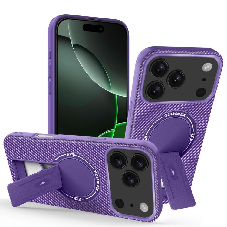 For iPhone 17 Pro Carbon Fiber Texture MagSafe Phone Case with Holder(Purple)