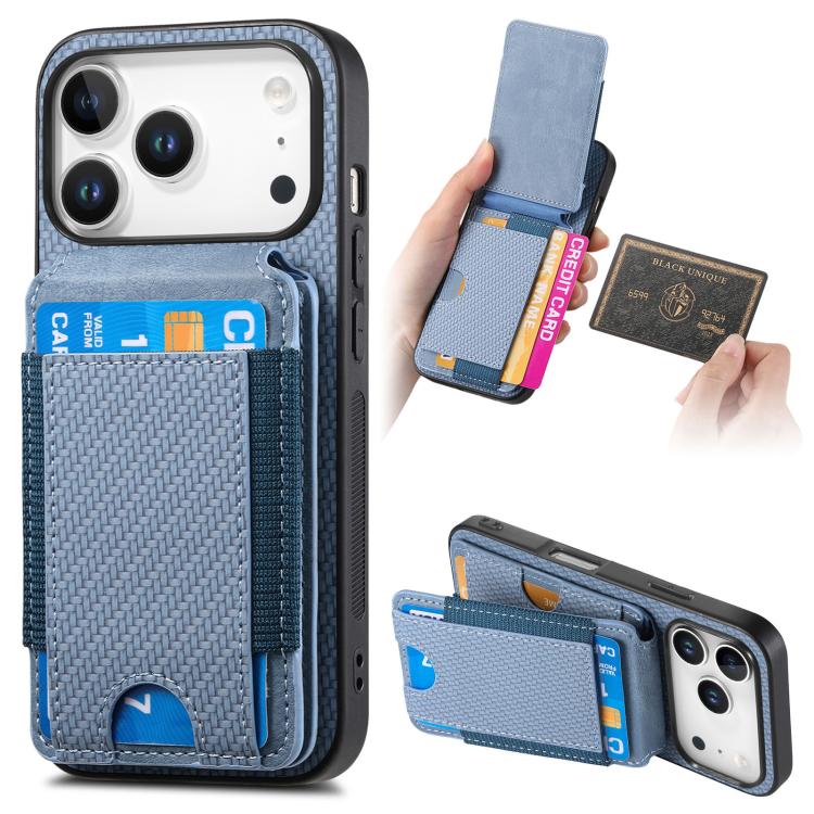 For iPhone 17 Pro Carbon Fiber Vertical Flip Wallet Stand Phone Case(Blue)