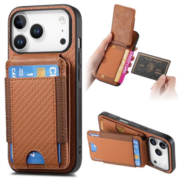 For iPhone 17 Pro Carbon Fiber Vertical Flip Wallet Stand Phone Case(Brown)