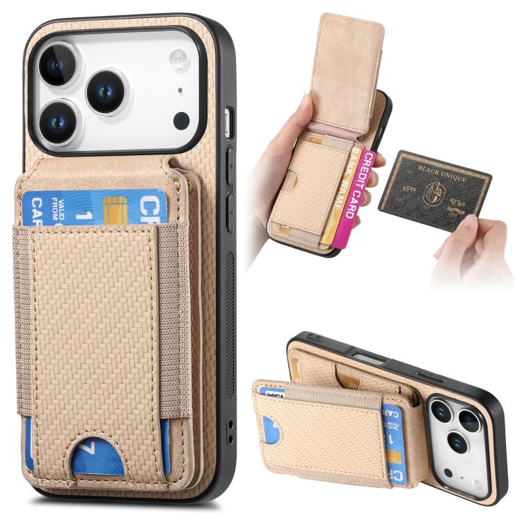 For iPhone 17 Pro Carbon Fiber Vertical Flip Wallet Stand Phone Case(Khaki)