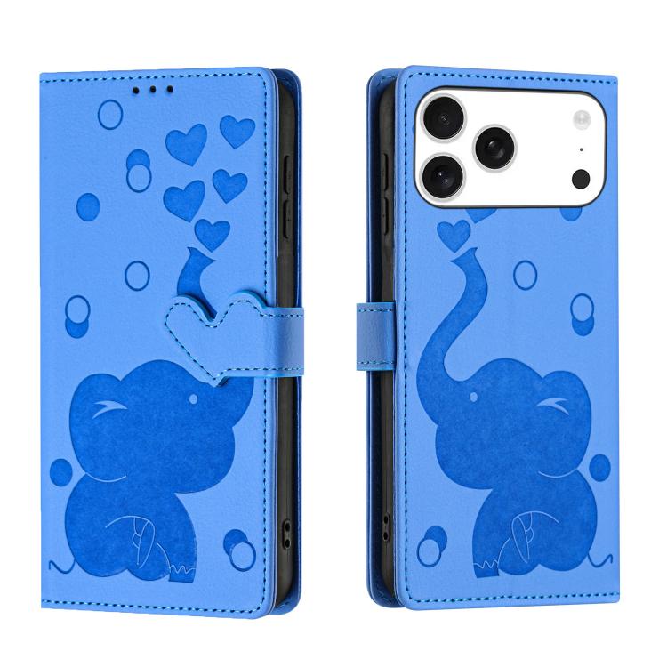 For iPhone 17 Pro Cartoon Elephant Embossed Leather Phone Case(Blue)