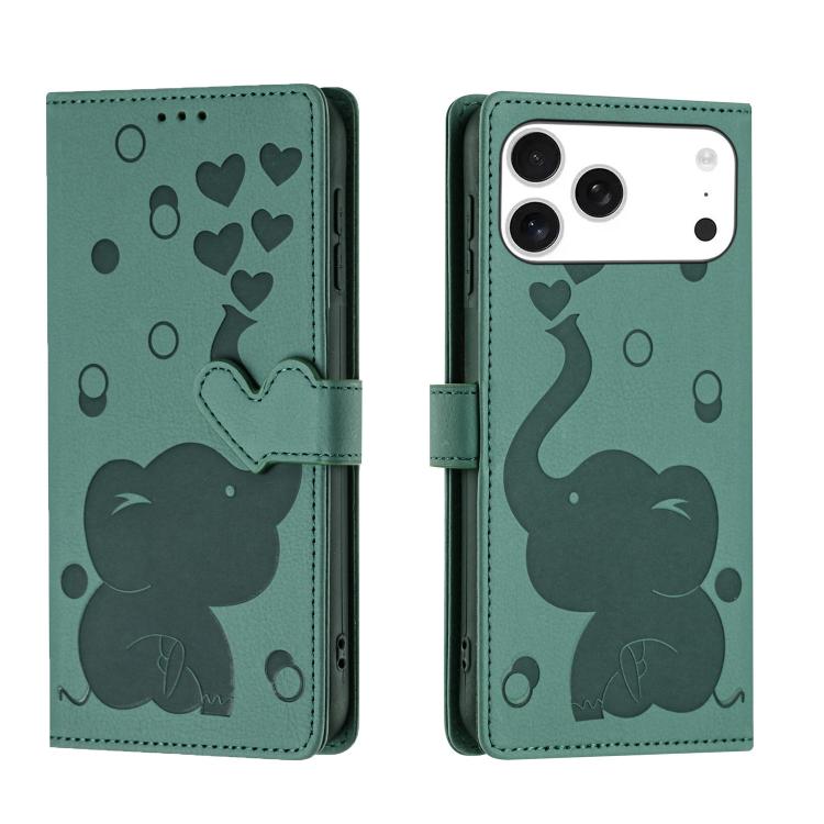 For iPhone 17 Pro Cartoon Elephant Embossed Leather Phone Case(Green)