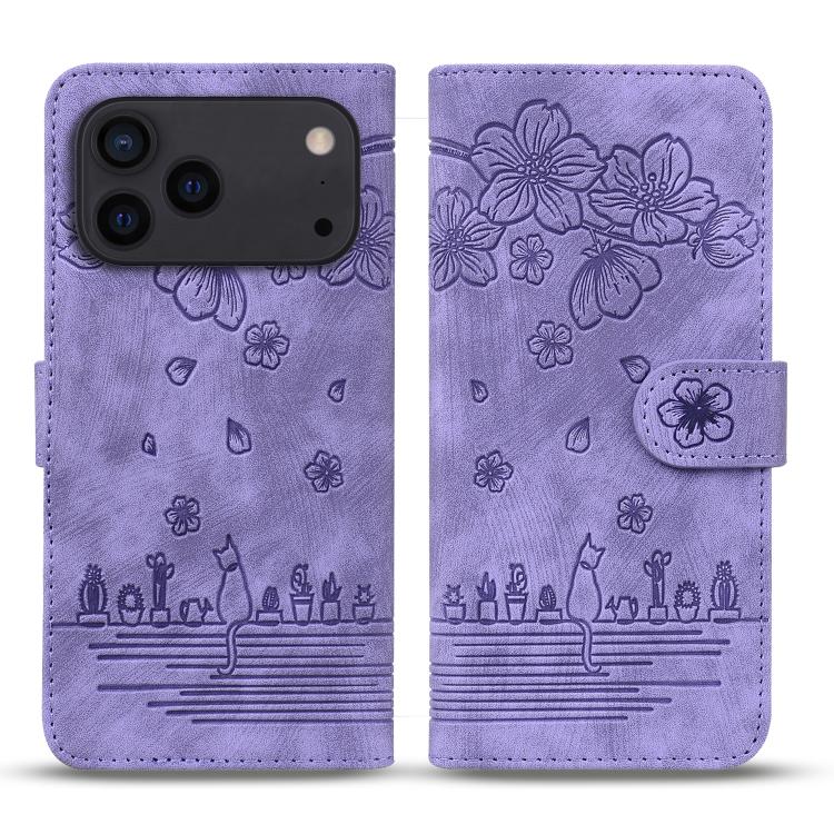 For iPhone 17 Pro Cartoon Sakura Cat Embossed Leather Phone Case(Purple)