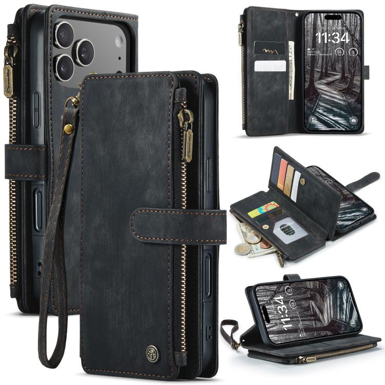 For iPhone 17 Pro CaseMe C30 Card Slots Zipper Wallet Leather Phone Case(Black)