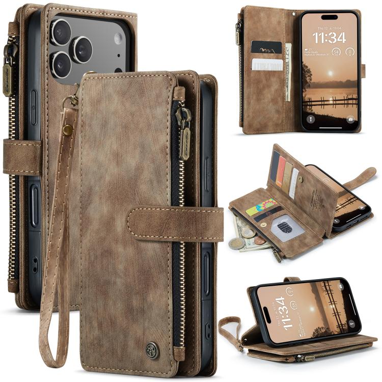 For iPhone 17 Pro CaseMe C30 Card Slots Zipper Wallet Leather Phone Case(Brown)