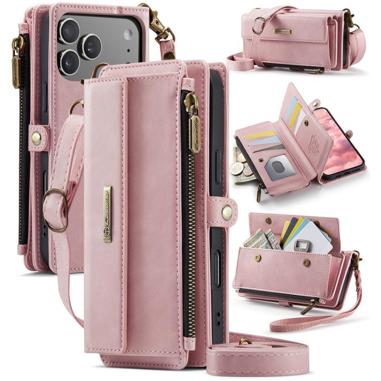 For iPhone 17 Pro CaseMe C39 RFID Blocking Zipper Wallet Leather Phone Case with Crossbody Strap(Pink)