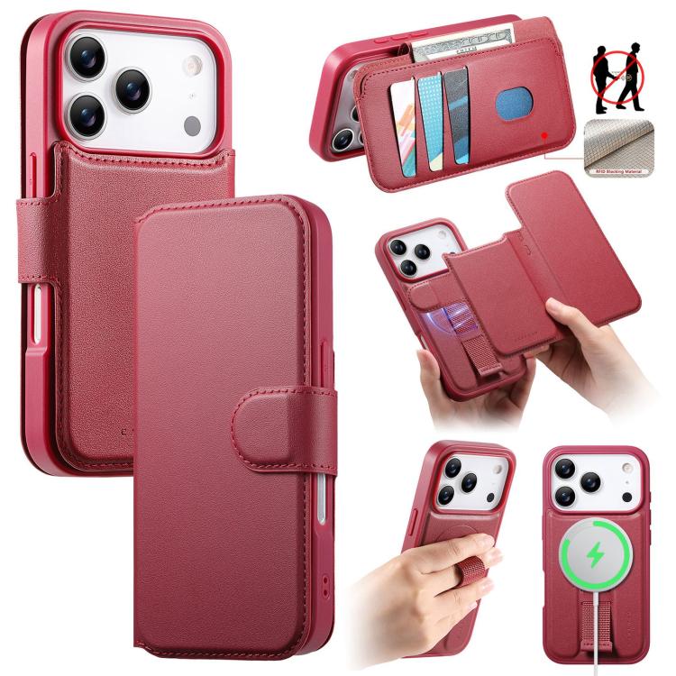 For iPhone 17 Pro CaseNeo Finger Grip Strap MagSafe Leather Phone Case(Red)