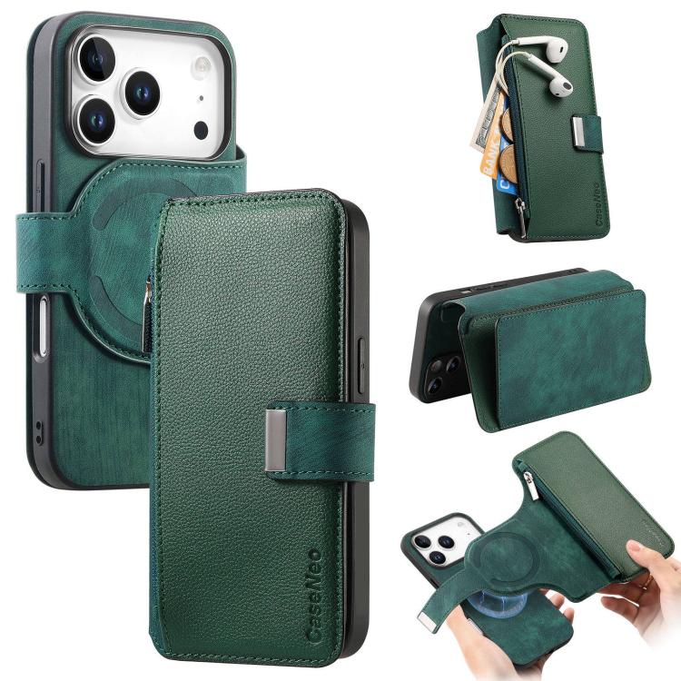 For iPhone 17 Pro CaseNeo MagSafe RFID Anti-theft Zipper Wallet Retro Leather Phone Case(Green)