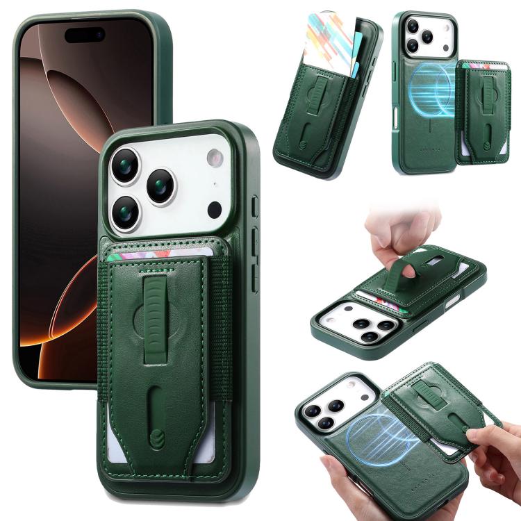 For iPhone 17 Pro CaseNeo Retro Wristband Elastic Card Bag Magnetic Back Phone Case(Green)