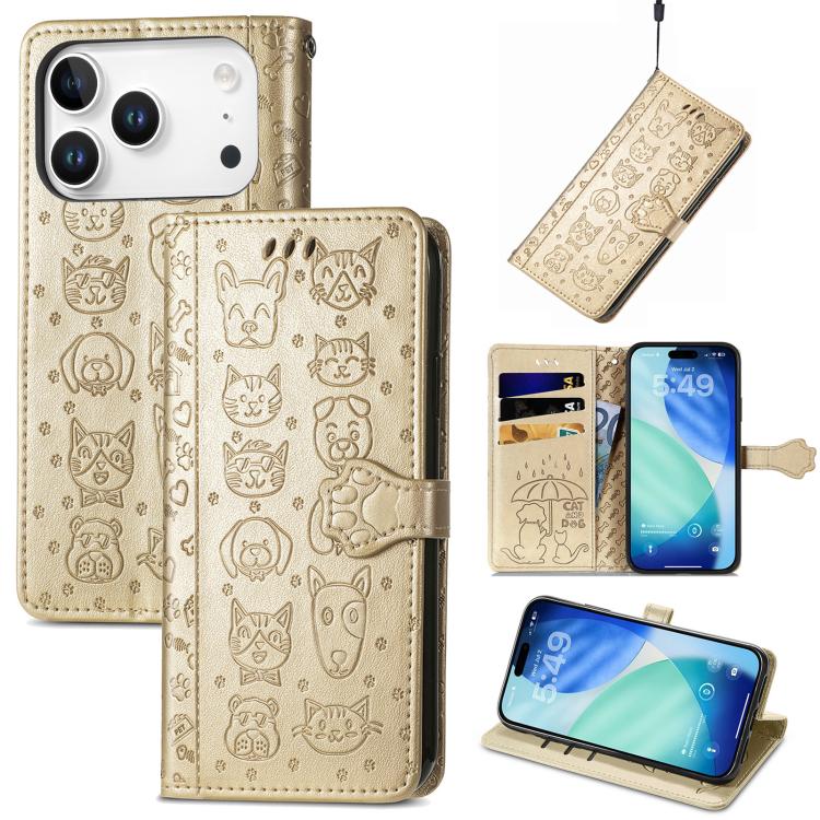 For iPhone 17 Pro Cat and Dog Embossed Leather Phone Case(Gold)