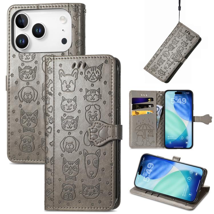For iPhone 17 Pro Cat and Dog Embossed Leather Phone Case(Gray)