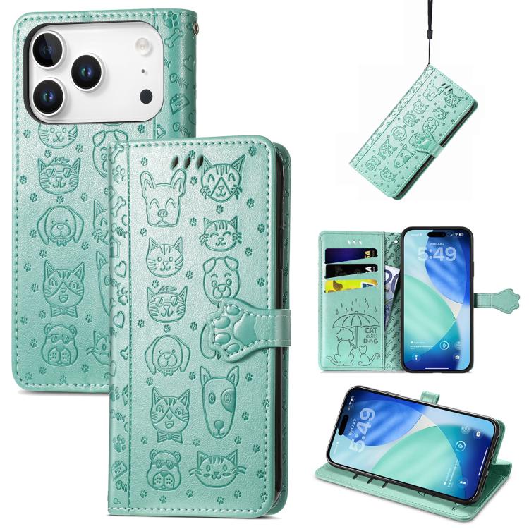 For iPhone 17 Pro Cat and Dog Embossed Leather Phone Case(Green)