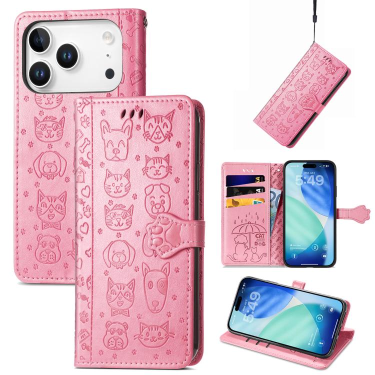 For iPhone 17 Pro Cat and Dog Embossed Leather Phone Case(Pink)