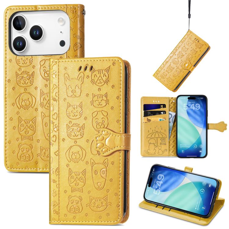 For iPhone 17 Pro Cat and Dog Embossed Leather Phone Case(Yellow)