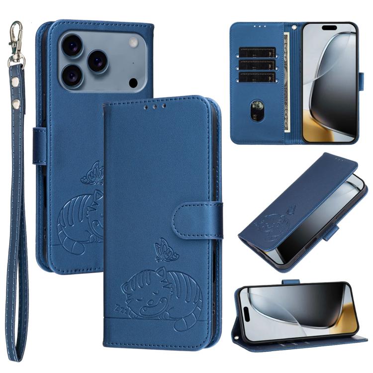 For iPhone 17 Pro Cat Butterfly Embossed RFID Vegan Leather Phone Case with Strap(Dark Blue)