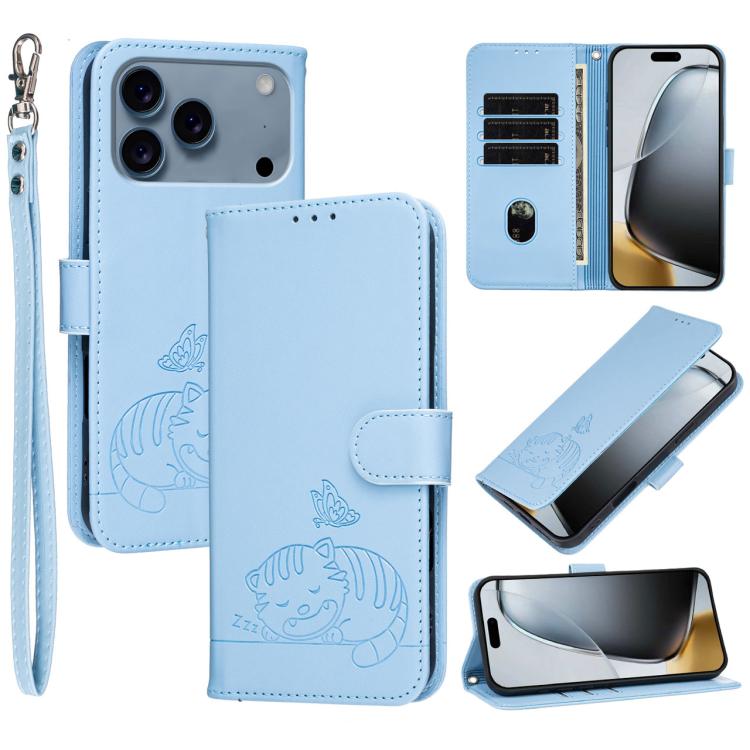 For iPhone 17 Pro Cat Butterfly Embossed RFID Vegan Leather Phone Case with Strap(Light Blue)
