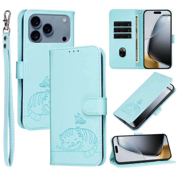 For iPhone 17 Pro Cat Butterfly Embossed RFID Vegan Leather Phone Case with Strap(Light Green)