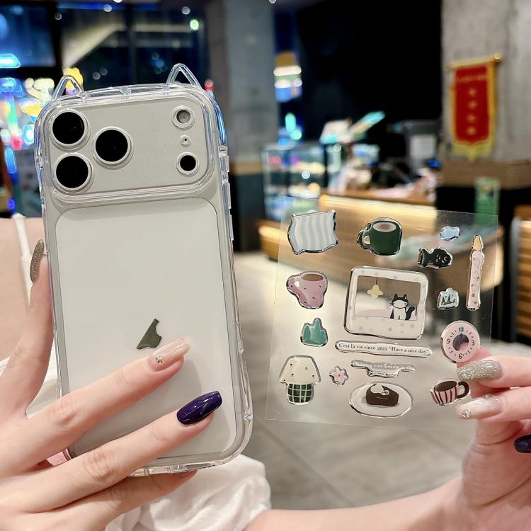 For iPhone 17 Pro Cat-Ear Style Transparent PC Phone Case with Resin Sticker(Alarm Clock Kitten)