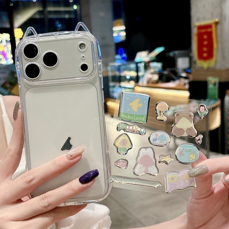 For iPhone 17 Pro Cat-Ear Style Transparent PC Phone Case with Resin Sticker(Mushroom Bear Rabbit)