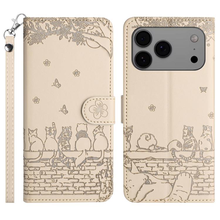 For iPhone 17 Pro Cat Embossing Pattern Leather Phone Case with Lanyard(Beige)