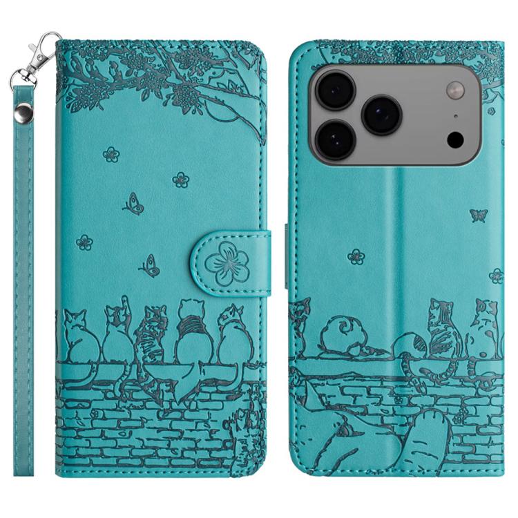 For iPhone 17 Pro Cat Embossing Pattern Leather Phone Case with Lanyard(Blue)