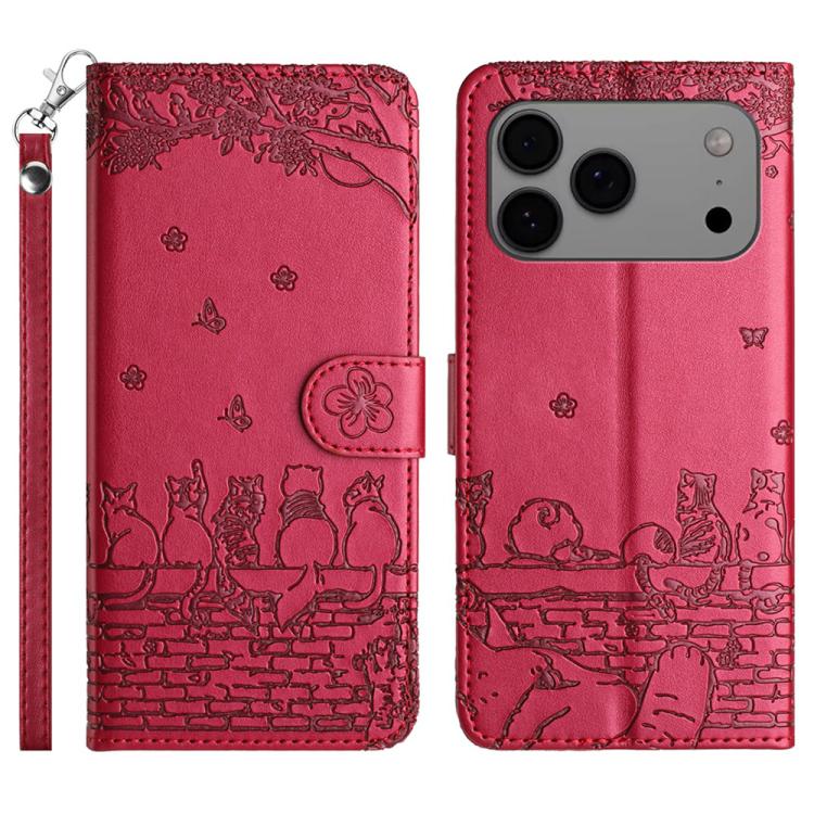 For iPhone 17 Pro Cat Embossing Pattern Leather Phone Case with Lanyard(Red)